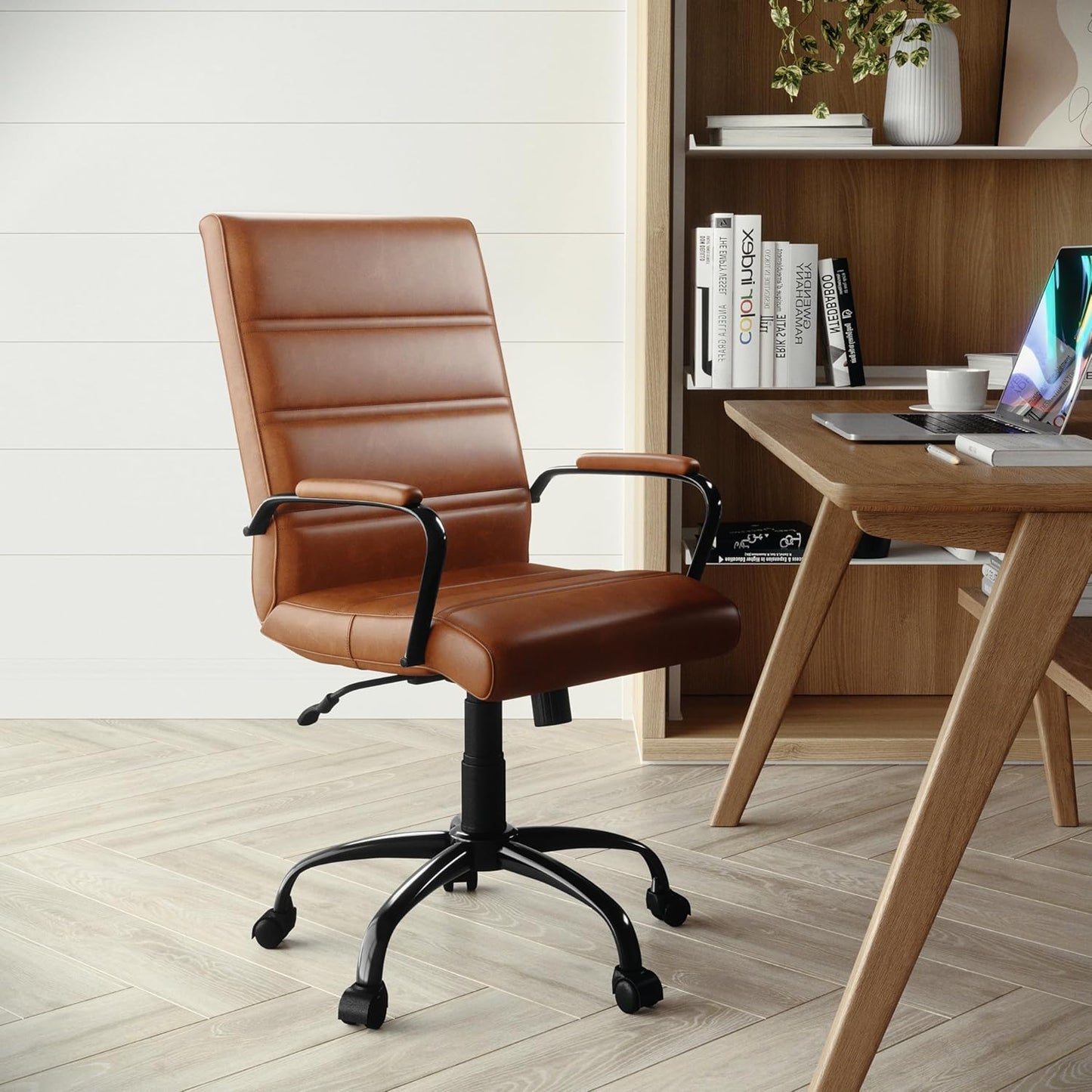 Flash Furniture Whitney Mid-Back Swivel Leather Desk Chair with Padded Seat and Armrests, Adjustable Height Padded Leather Office Chair, Brown/Black