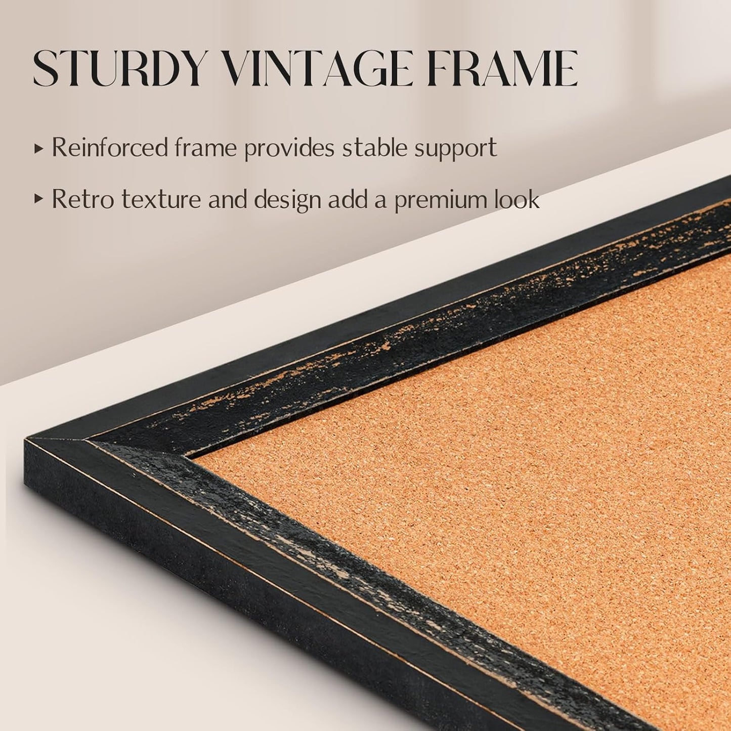 Cork Board Bulletin Board, 30" x 20" Corkboard for Wall, Rustic Black Wooden Frame, Decorative Hanging Pin Board for Home Office Room Decor, 10 Push Pins