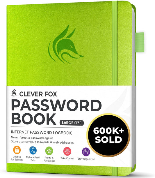 Clever Fox Password Book with alphabetical tabs. Internet Address Organizer Logbook. Large Password Keeper for Website Logins (Green)