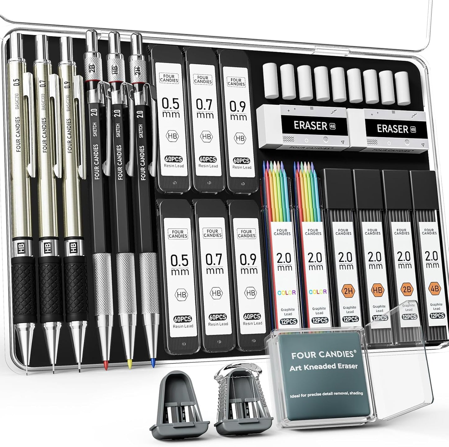 Four Candies 25PCS Art Mechanical Pencil Set with Case, 3PCS Metal Artist Lead Pencil 0.5, 0.7, 0.9 mm & 3PCS 2mm Holder (HB 2H 2B 4B Color) with 432PCS Graphite Lead Refills for Drawing Sketching