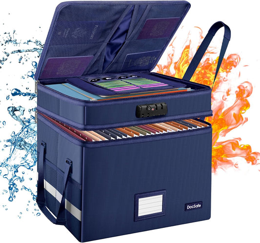 DocSafe File Box with Lock,Multi-Layer Fireproof Document Box Collapsible File Storage Organizer with Pockets/Handle,Large Portable Home Office Filing Safe for Hanging Letter/Legal Size Folders,Blue