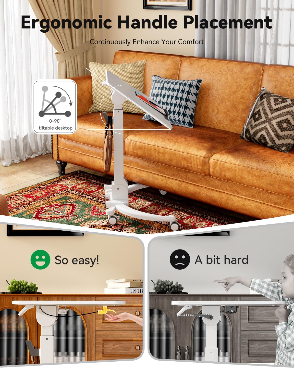 JOY worker Foldable Mobile Standing Desk, Upgraded Height Adjustable Rolling Desk, Max Height 47.6", 90° Tiltable Board & Base, Portable Workstation with Moveable Wheels, Holds Up to 22lbs, White