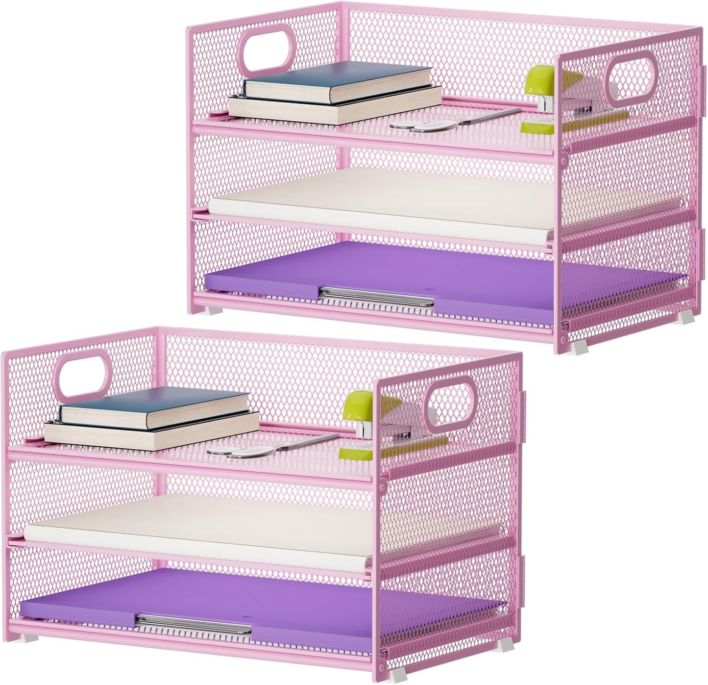 Marbrasse 3 Tier Paper Organizer Letter Tray, Mesh File Organizer with Handle, Paper Sorter Desk Organizer for Home Office Supplies - 2p Pink