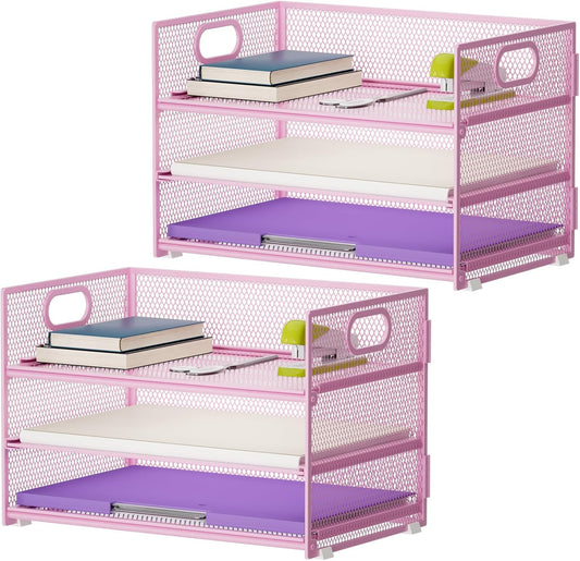 Marbrasse 3 Tier Paper Organizer Letter Tray, Mesh File Organizer with Handle, Paper Sorter Desk Organizer for Home Office Supplies - 2p Pink