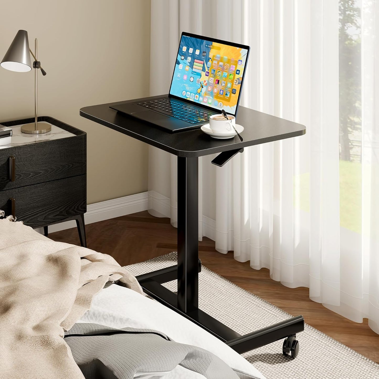 BONTEC Mobile Standing Desk Adjustable Height, Rolling Laptop Cart with Hook, Portable Workstation with Pneumatic Lift, Ergonomic Table with Wheels, Compact Home Office Desk, Black, 25.6" x 18.9"
