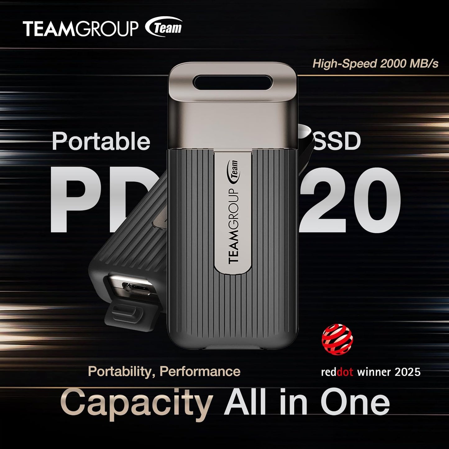 TEAMGROUP PD20 1TB Portable External Solid State Drive SSD Read up to 2000MB/s USB 3.2 Gen2x2 Type-C Waterproof Dustproof IP54 TPSEG5001T0C102