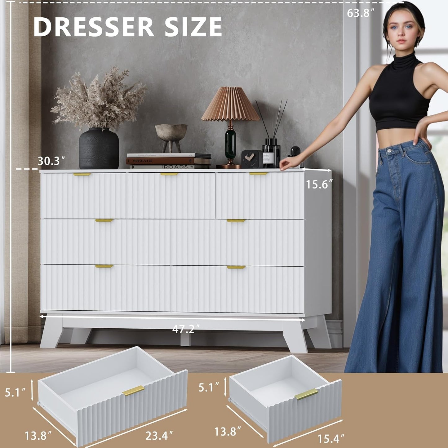 Fluted 7 Drawer Dresser, 47.2" Wide Modern Boho Chest of Drawers, Wooden Storage Dresser TV Stand for Bedroom, Living Room, Closet, Hallway, Curved Profile Design