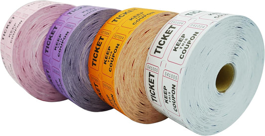 DNB 4000 Pairs Raffle Tickets - 4 Color Set of 1000 2 x 2 Inch 50/50 Double Roll Raffle Tickets - Purple/Pink/White/Orange