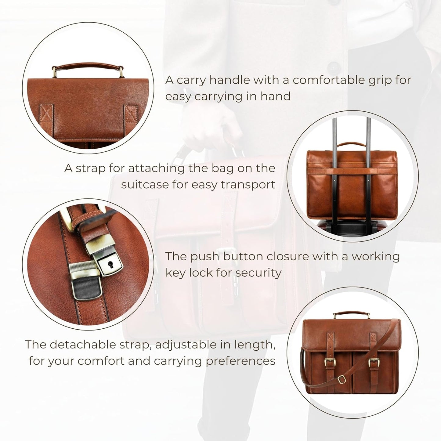 Time Resistance Leather Briefcase for Men Handcrafted in Italy Full Grain Messenger Bag for Laptop