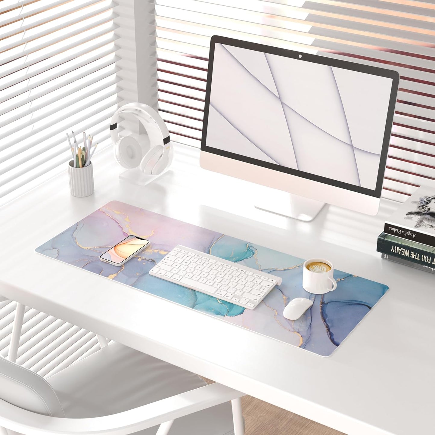 QiyI Large Mouse Pad, PU Leather Desk Mat for Desktop, Waterproof Gaming Pad, Marble Full Desk Accessories Keyboard Mousepad, Abstract Art Home Office Décor 31.5" x 11.8" - Blue Pink Fluid