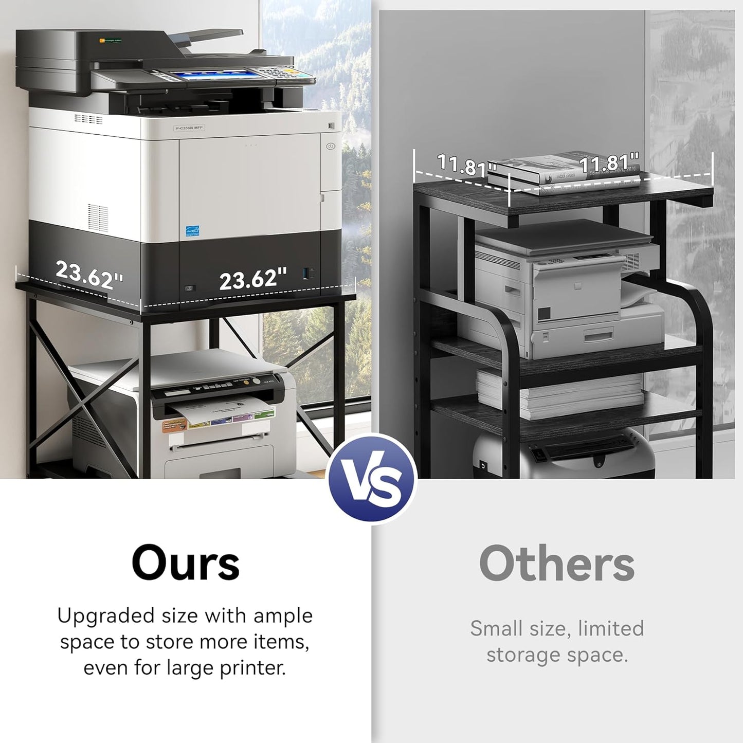 Warmiehomy 24"x24"x24" Large Printer Stand with Storage, 2 Tier Rolling Printer Cart Table, Mini Fridge Stand with Wheels, Use for 3D Laser Printer Home Office, Black