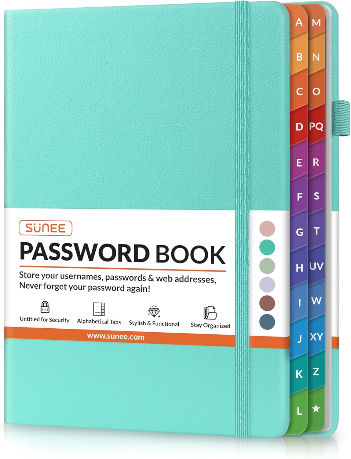SUNEE Password Book with Colorful Alphabetical Tabs, Password Books for Seniors, Password Keeper Book for Computer and Internet Address Website Login, 5.3''x 7.7''- Aquamarine