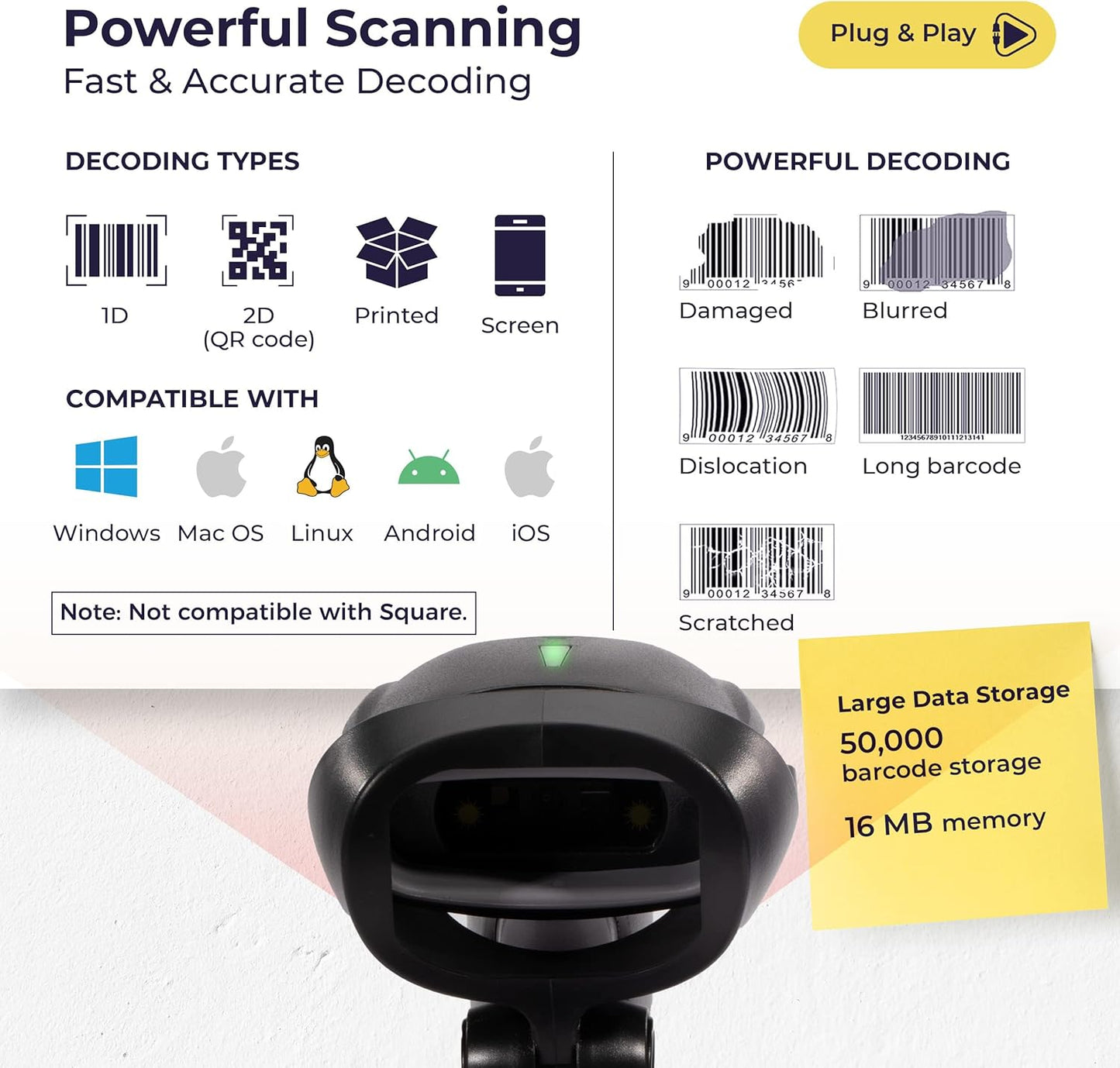 Volcora Wireless Bluetooth Barcode Scanner, QR Code, USB Portable Handheld w/Stand Connect w/Tablet/Phone/PC, 1D & 2D Inventory, Symbol Barcode Scanner for Retail & Warehouse, Black