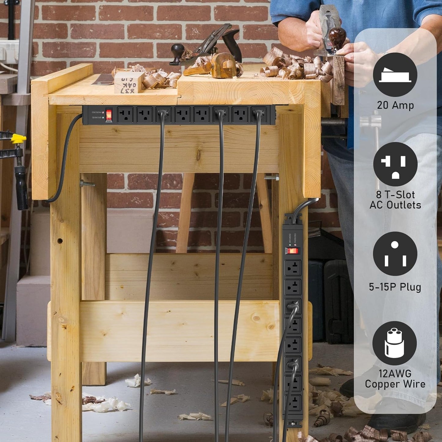 JUNNUJ 20 Amp Power Strip Surge Protector 4800J, Heavy Duty 8 Outlet Metal Multi Angle Mount, 20A Garage Power Strip Shop 6-20R T-Slot, 5-15P Plug 12 Gauge Extension Cord 15ft for Appliance