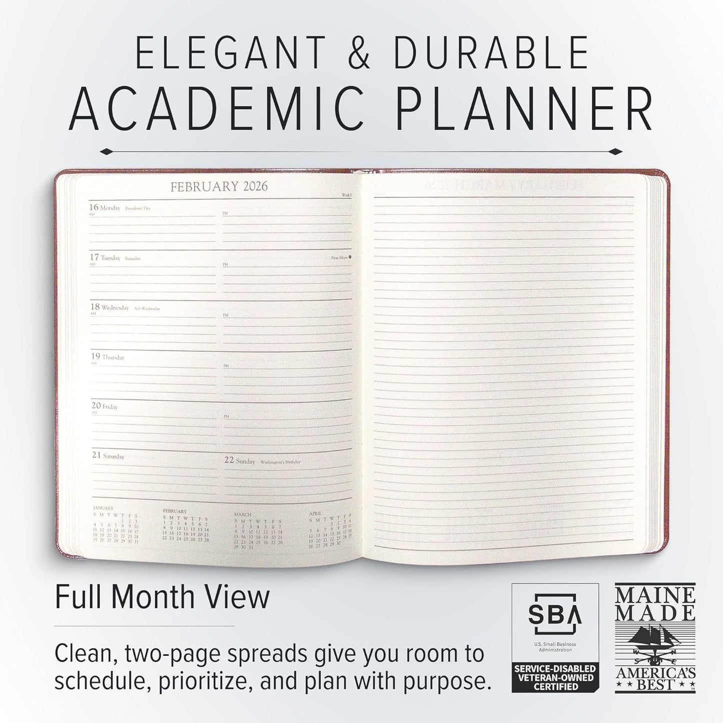 Gallery Leather Academic Planner 2025-2026, Teacher and Student Weekly Monthly Planner, Elegantly Bound Calendar with Gold-Gilded Page Edges, 18 Months - Floral Espresso - 9x7"