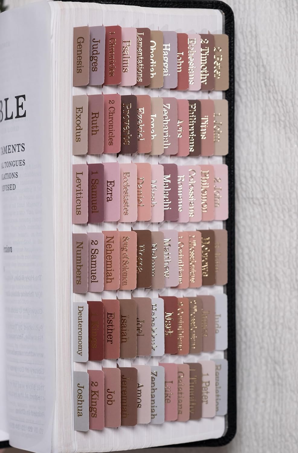 UPAFEXXI-Laminated Bible Tabs for Women and Men (Gold Foil Embossed Lettering) Reposition Large Print tabs, Easy to Read and Apply, 80 Bible Chapters Labels for Easy Navigation(Earth Tone Theme)