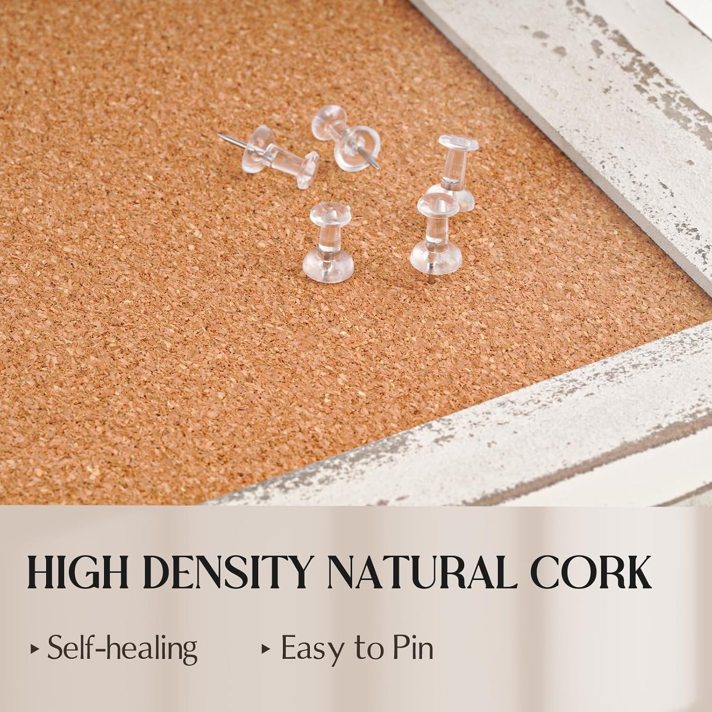 Bulletin Board, 36" x 24", Cork Board for Wall, Rustic White Wooden Frame, Hanging Pin Board for Home & Office Decor, 10 Push Pins