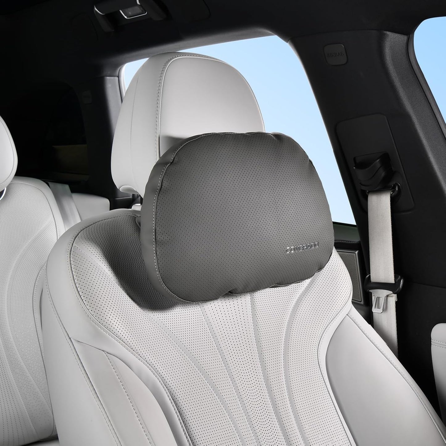 Coverado Leather Car Headrest Pillow Car Neck Pillow with Adjustable Strap, Head Support Rest Driver Relax Head Muscles Relieve Driving Fatigue, Breathable & Removable Cover, Gray