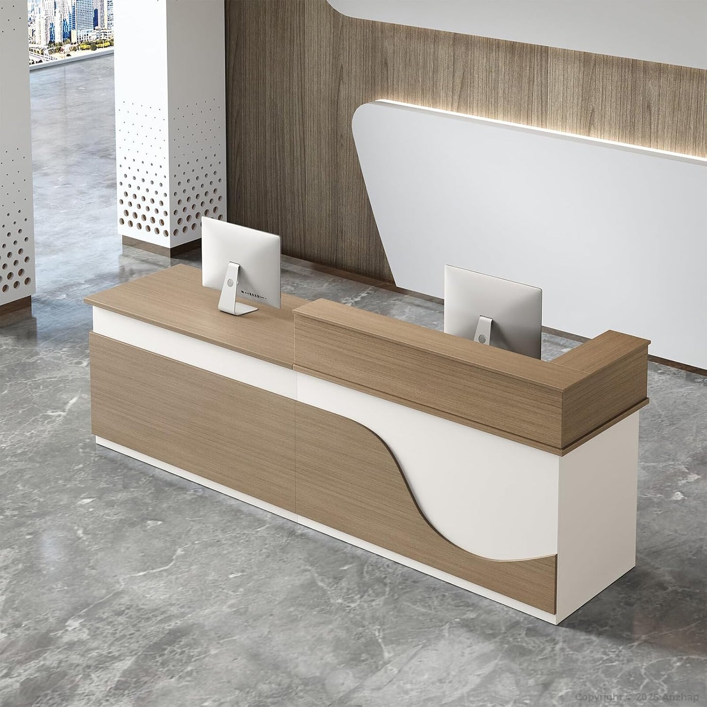 Modern Reception Desk – L Shaped Front Desk Checkout Counter with Drawers, Storage Cabinet and Double-layer tabletop for Office, Salon, Lobby, Cashier (White+Natural/Left, 71"L * 24"W * 39"H)