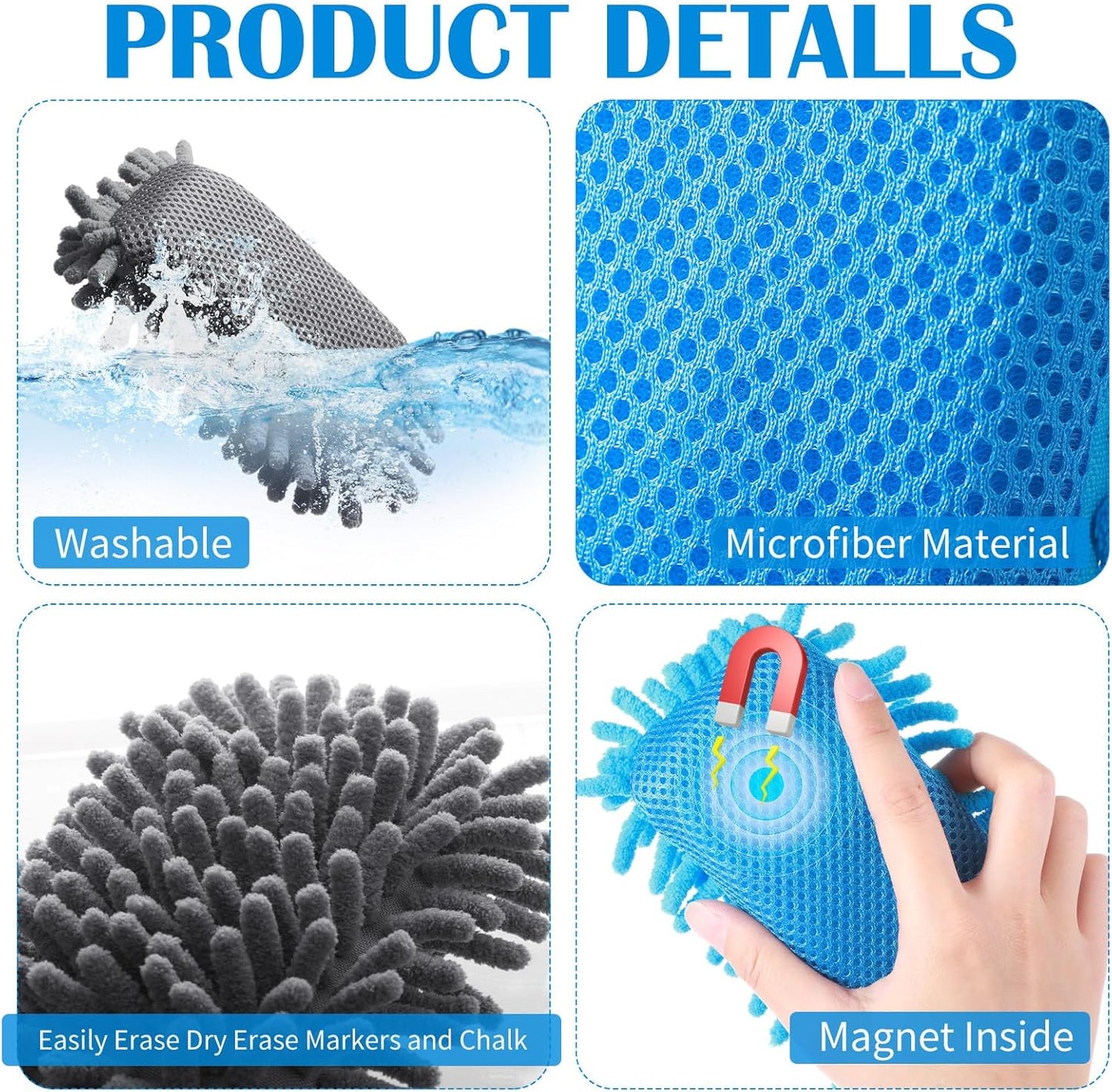 Sherr 18 Pcs Microfiber Shag Magnetic Dry Erase Erasers Washable School Whiteboard Eraser Bulk Colorful White Board Eraser for Chalk Markers Home Classroom Office (Blue Gray)