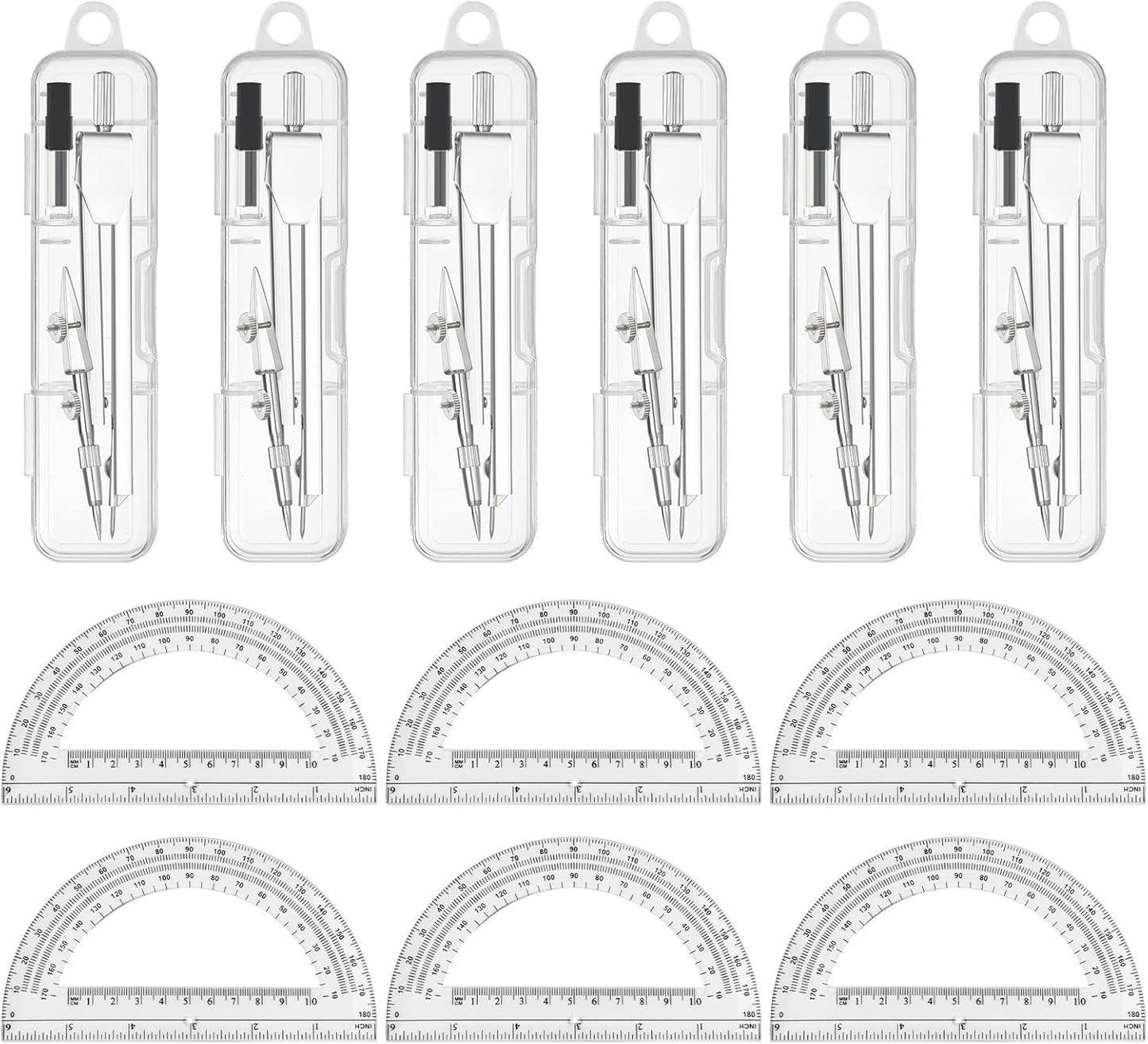 6 Sets Compass and Protractor Sets Student Basics Geometry Math Set Metal Compass and 6 Inch 180 Degree Protractors Geometry Graphing Drawing Tools for Office and School Supplies(Clear)