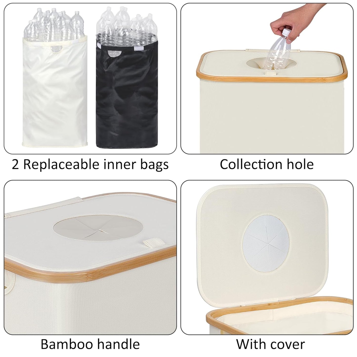 29 Gallons Recycling Bins for Kitchen, Indoor Recycle Bins with Lid, 110L Large Recycle bin with 2 Removeable Reusable Inner Bags, for Bottles Cans Glass Plastice Cartons(Beige)