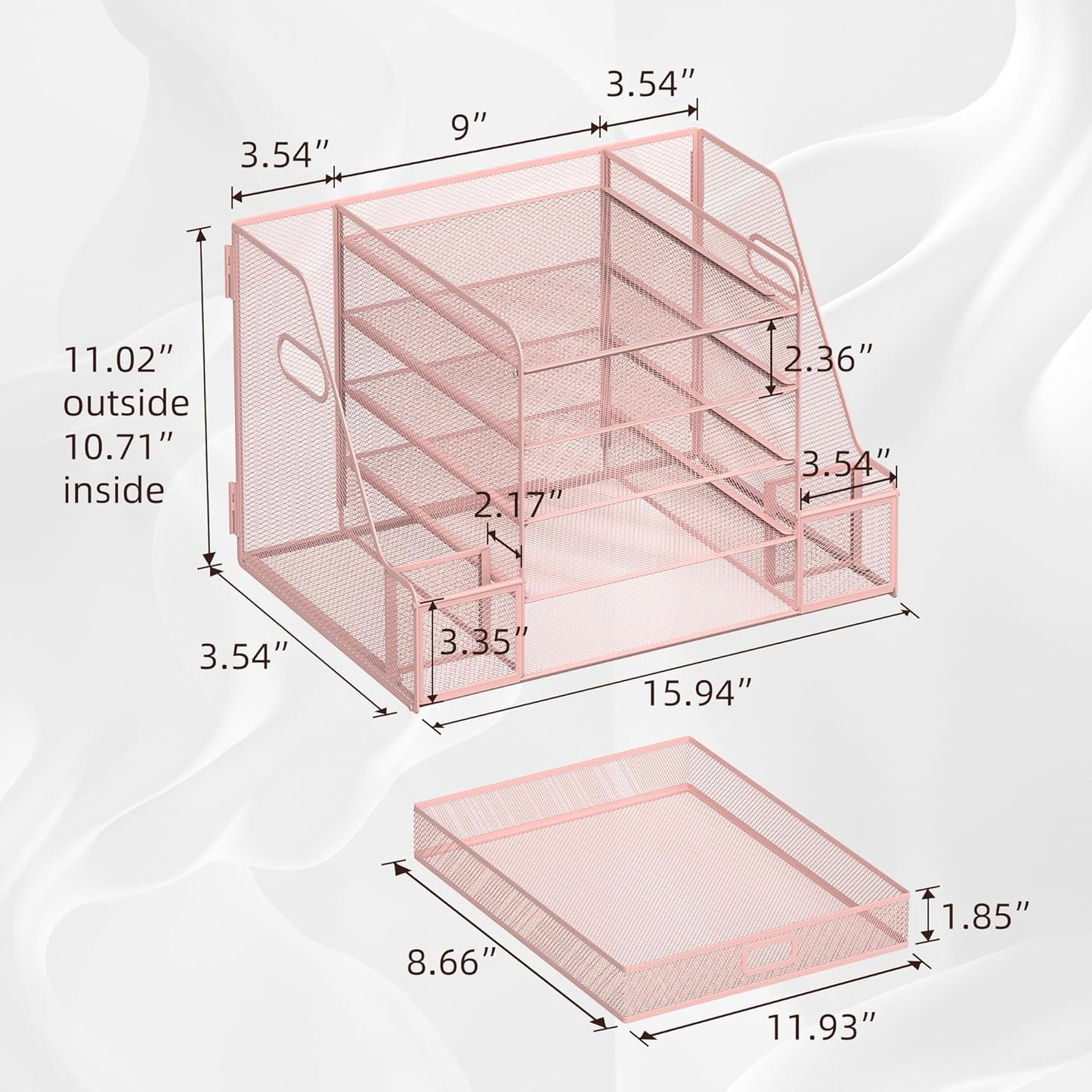 SUPEASY Mesh Desk Organizer with File Holder, 5-Tier Paper Letter Tray Organizer with Magazine Holder, Desktop Organizer and Storage with Drawer for Office Supplies Home or School, Pink