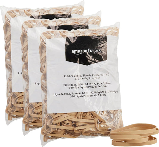 Amazon Basics Rubber Bands, Size 64 (1/4"), 320 Bands/1 lb Pack, 3-Pack, Tan
