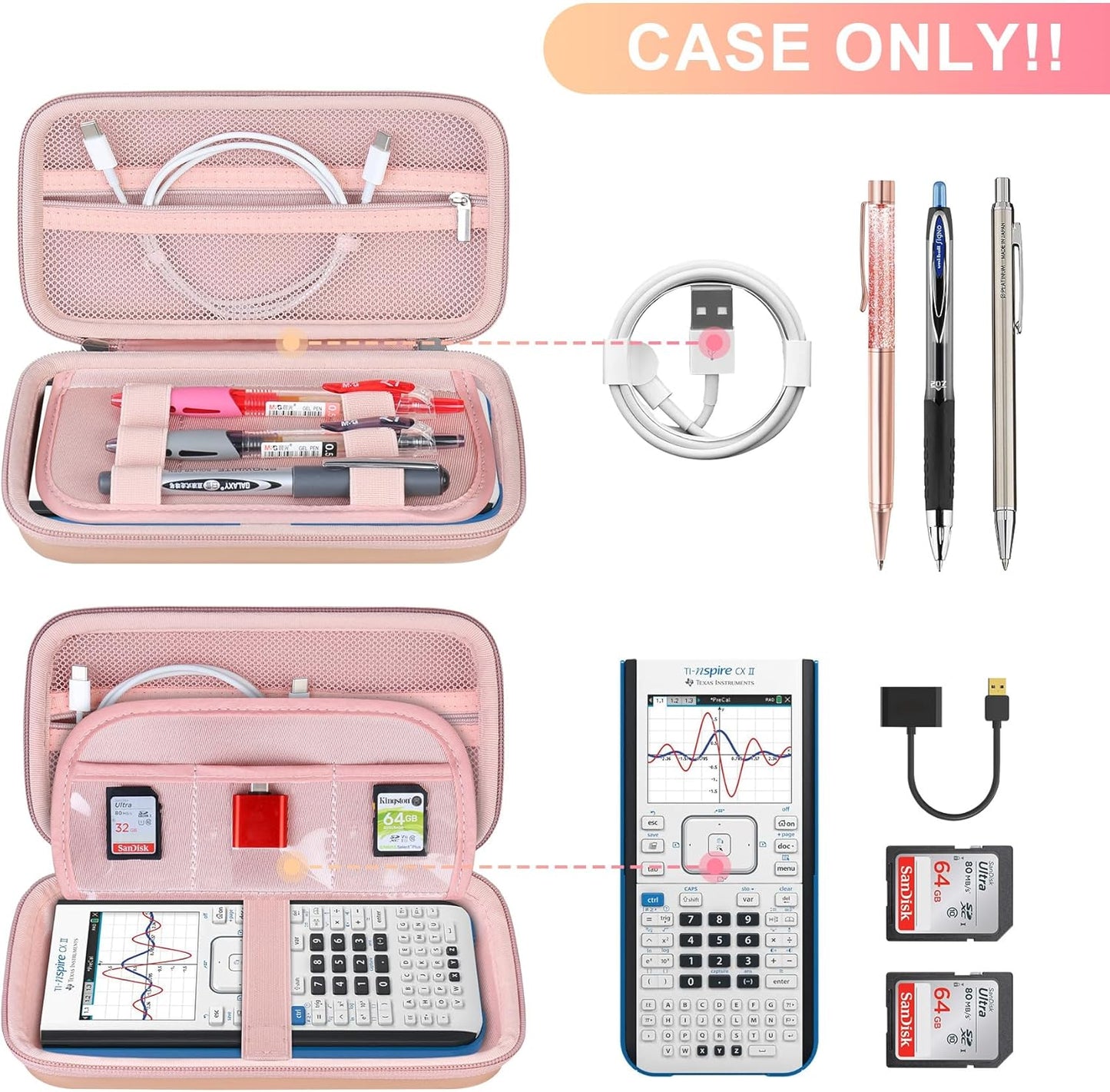 BOVKE Calculator Travel Case for Texas Instruments TI-Nspire CX II CAS/CX II/CX/CX CAS Graphing Calculators and More - Mesh Pocket for USB Charging Cables and Other School Supplies, Rose Gold