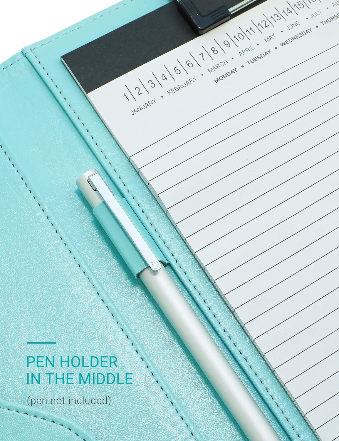 Clipboard Folder Padfolio, Writing Portfolio Faux Leather Clipboards with Cover for Legal Pad Holder Letter Size A4 8.5 x 11 for Business Conference Notepad Clip Boards (Pale Turquoise)