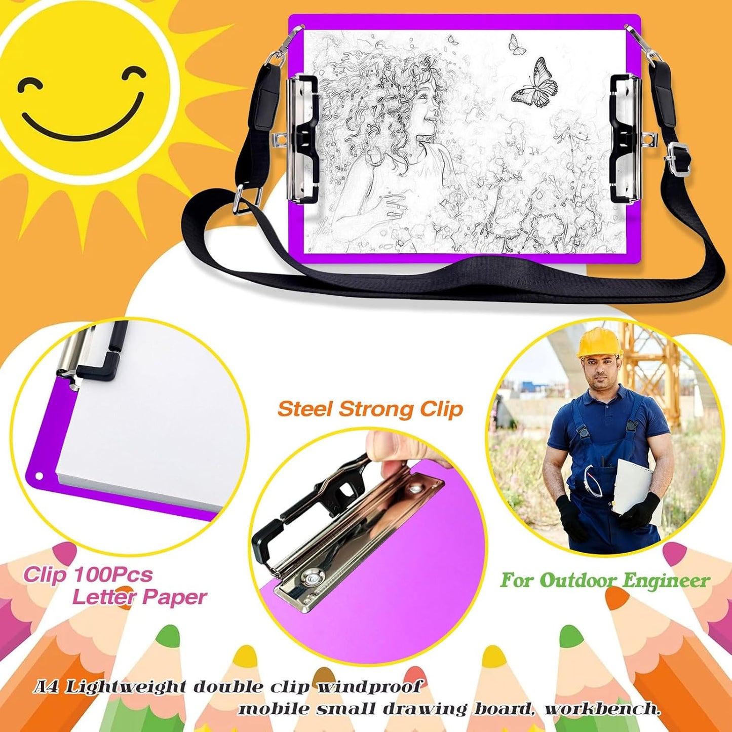 Aluminum Metal Clipboard with Detachable Adjustable Shoulder Strap A4 Double Clip Board Stainless Hangable w/Pen Holder Letter 9" x 12.6" for School Office Business Factory (Purple-with Strap, A4)