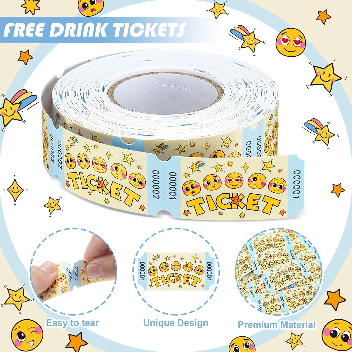 TaoBary 2 Rolls 1000 Pcs Raffle Tickets Single Roll Cartoon Smile Face Raffle Tickets for Events Wedding and Parties (Cartoon)