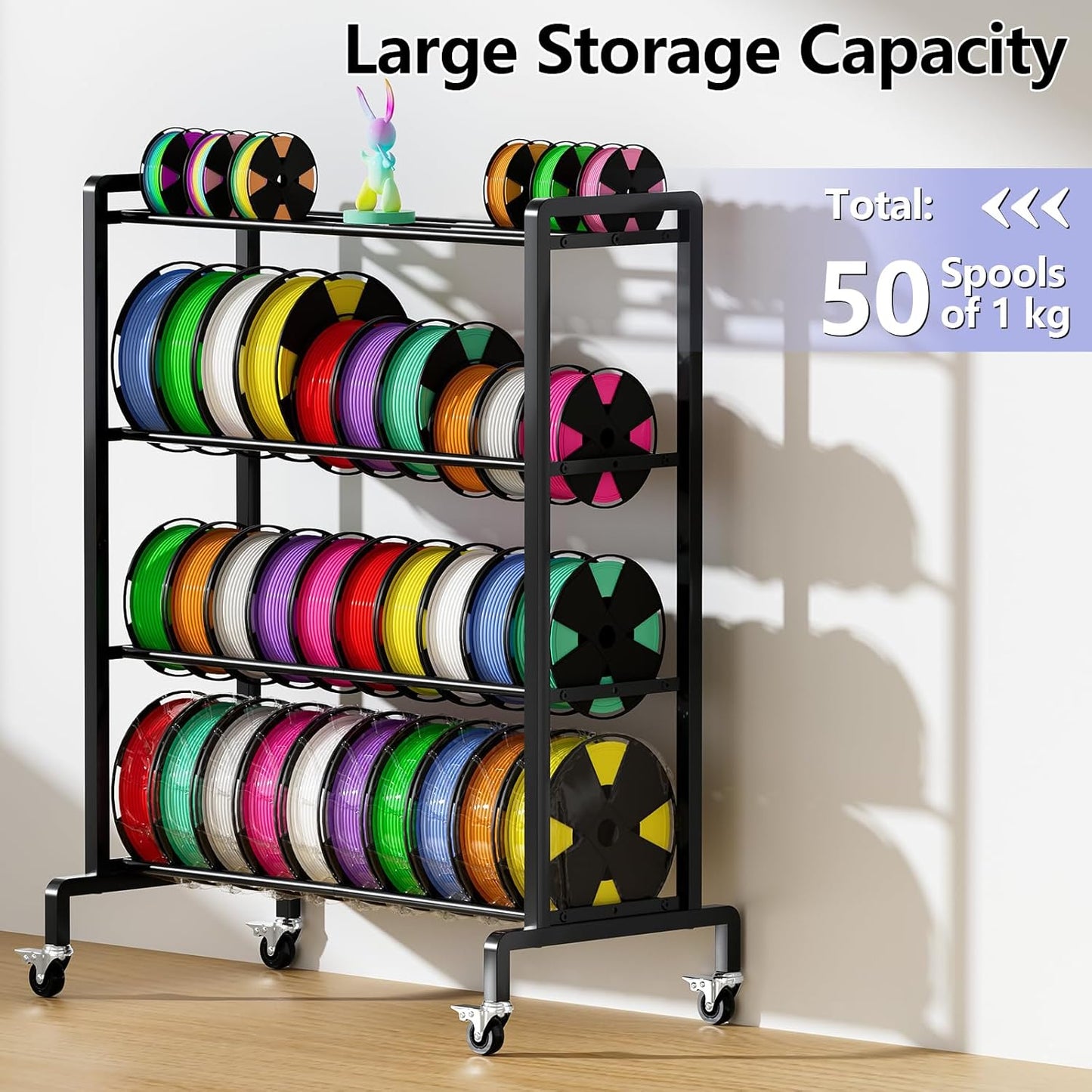 ANASTA 3D Printer Filament Storage Rack, Heavy Duty Filament Rack with Wheels, 4-Tier Metal Filament Holder Rolling Cart for Organization, 50 Spools Large Capacity Shelf for 3D Printing Home Studio