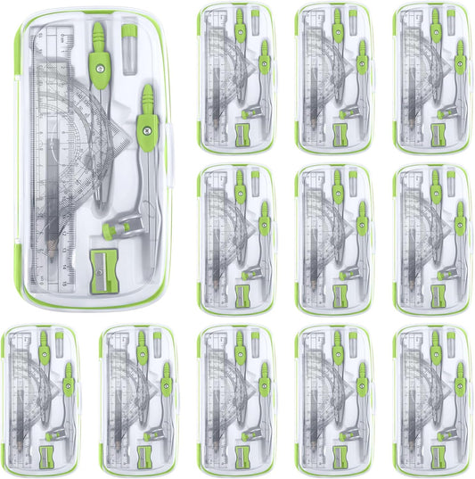 Teling 12 Sets Math Geometry Kit for Students 10 Pcs Compass Geometry Tools Set Includes Rulers Protractor Compass Eraser Pencil Sharpener Lead Refills Pencil (Green)