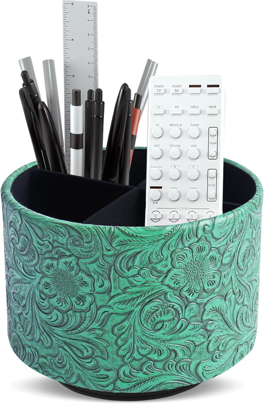lizimandu Round Leather Art Supply Organizer,Remote Control Holder,360 Degree Spinning,Multi-Functional Pencil Holder,4 Compartments Desktop Stationary Organizer(1-Carved Green)