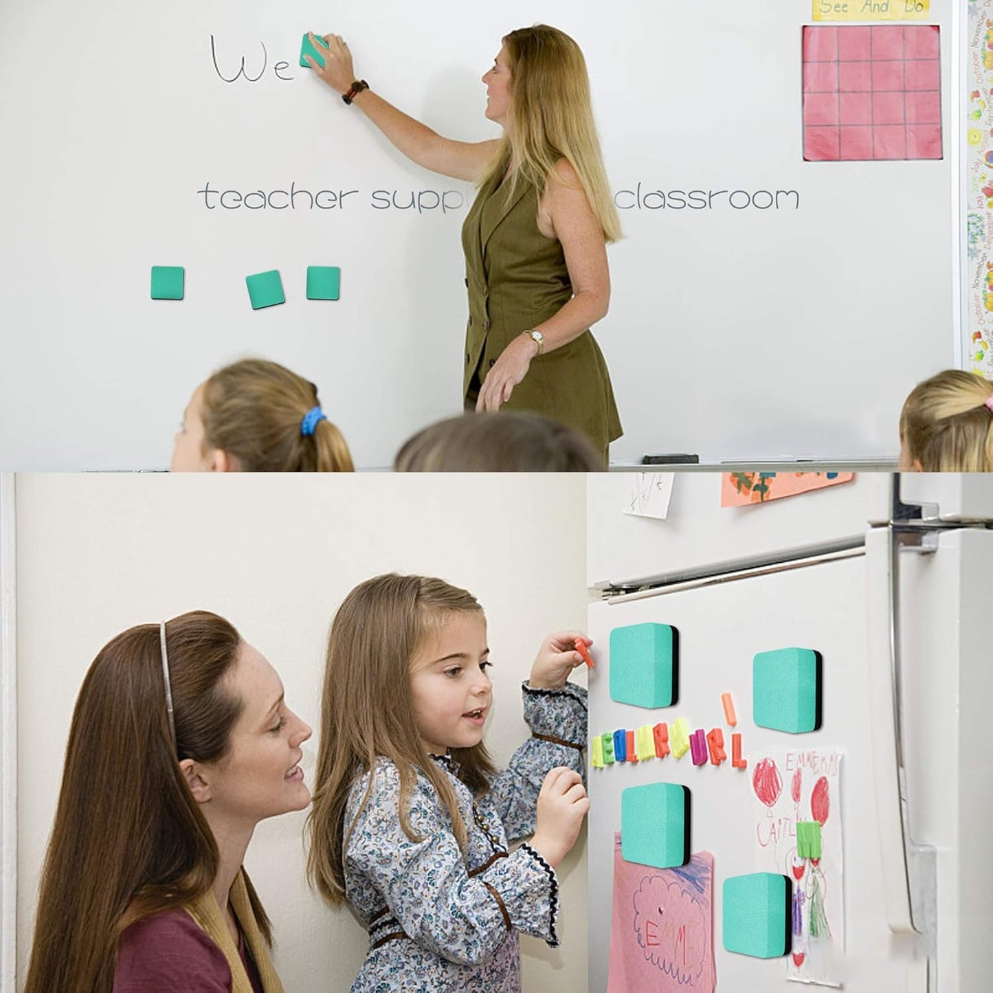 Mini Dry Erase Erasers, IHPUKIDI 48 Pack Magnetic Whiteboard Dry Erasers Chalkboard Cleaner Wiper for Kids and Classroom Teacher Supplies, Home and Office (2 x 2 Inch) Green