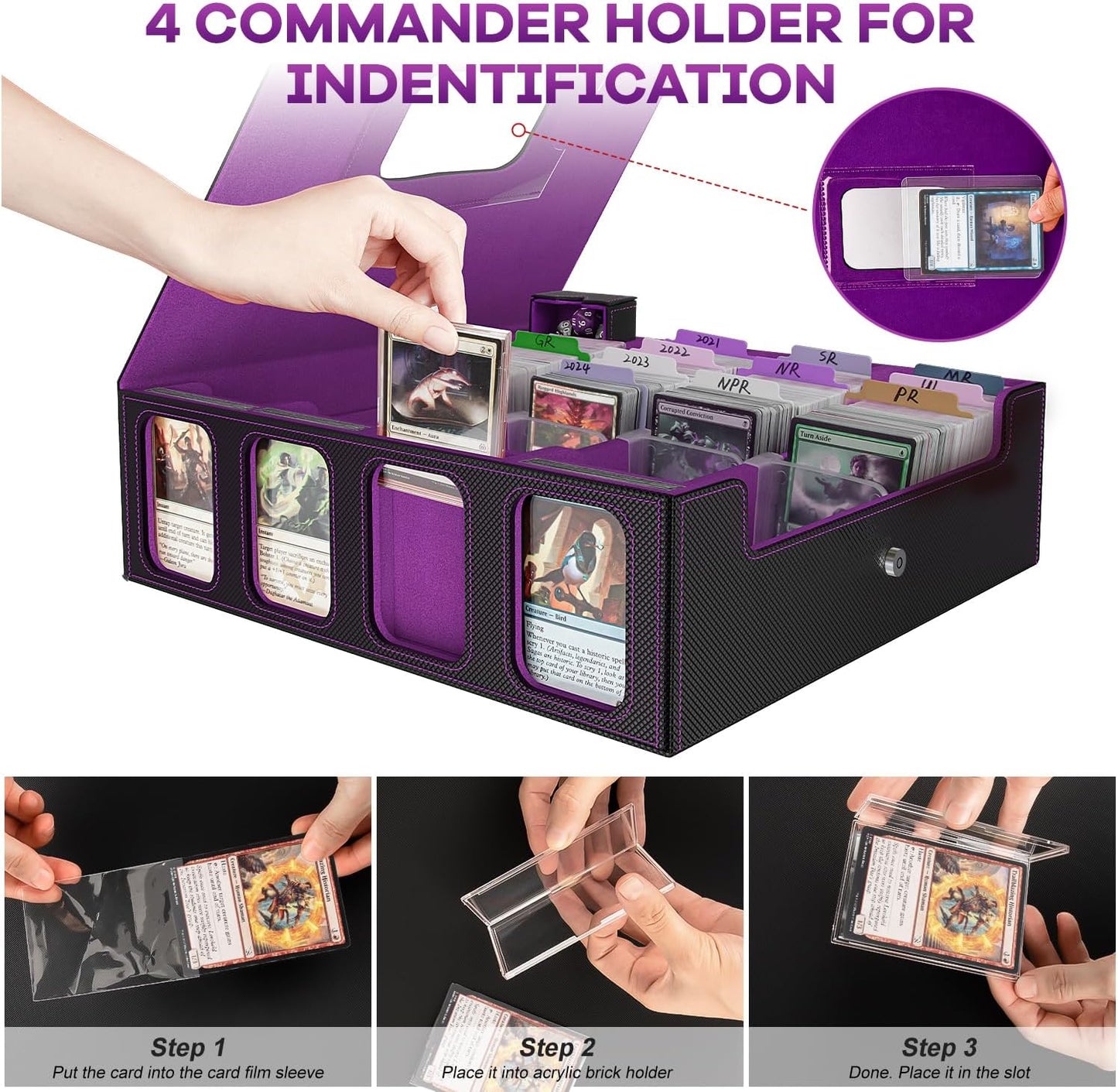 Trading Card Storage Box - 3200+ MTG Deck Box with Commander Display & Portable Handle, 4-Row Card Case Compatible for MTG/TCG/Magic Cards, 30 Colorful Divider, 8 Card Supporters (Black & Purple)