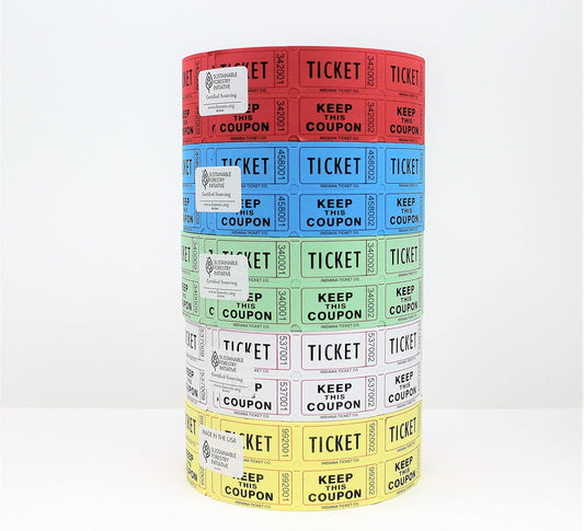 INDIANA TICKET CO. Raffle Tickets Double Roll, 5 Rolls 2,000 Tickets, 1 Roll Each Red, Blue, Green, White & Yellow, Premium Quality 50/50, Events Tickets (Pack of 5)