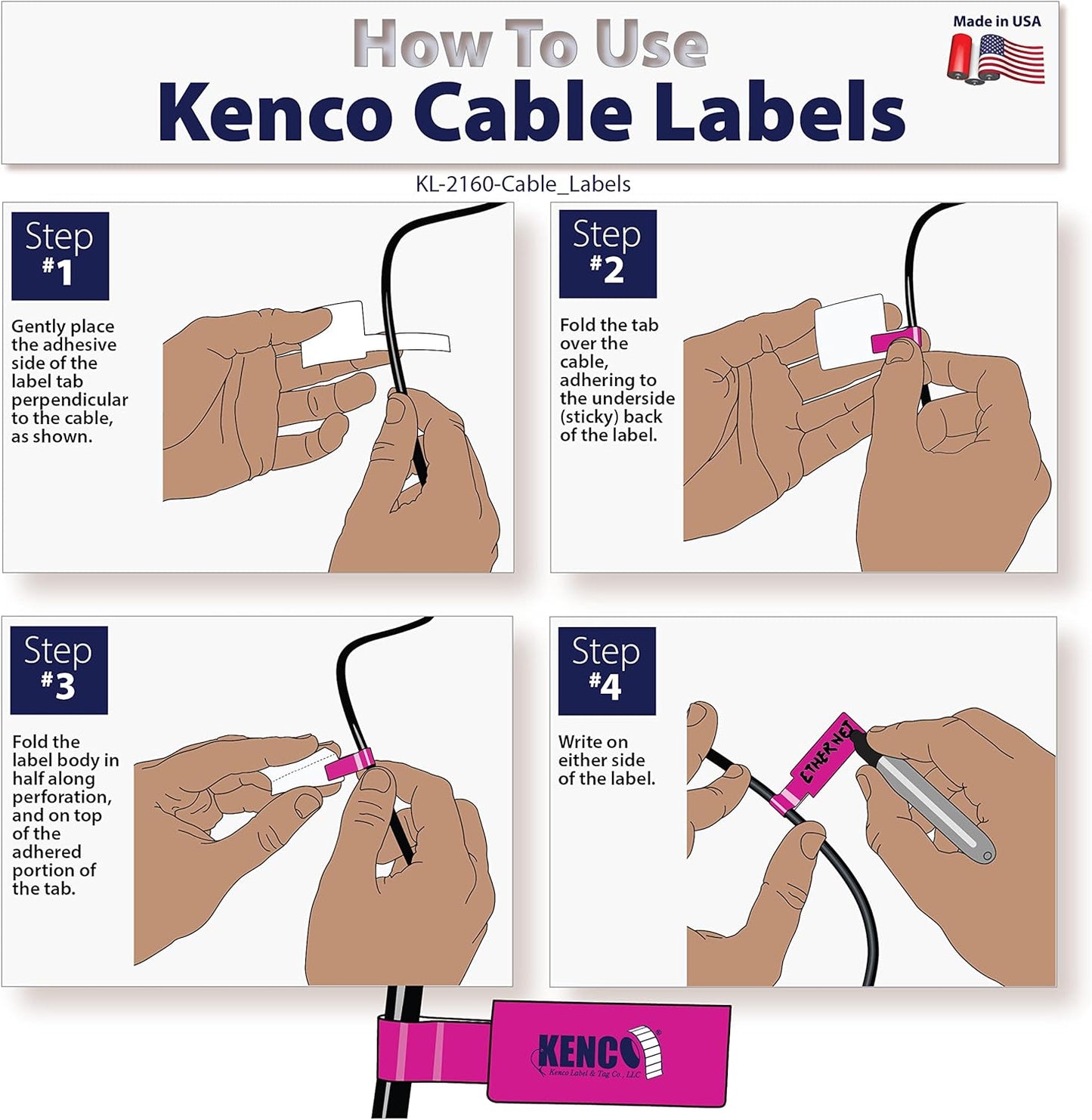 Kenco Cable Labels - 240 Labels 12 Sheets, 10 Colors Waterproof Cord Labels - Write on Stickers Tear and Liquid Resistant for Color Coding and Identification -Made in The USA (240 Labels)