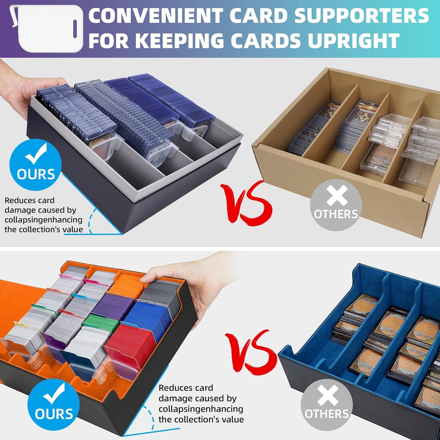 AFIING Trading Card Storage Box 6000+ Capacity – DIY Toploader Case w/ 24 Dividers & 8 Supports, Fits 3x4 Rigid Card, Deck Box for MTG TCG Sports Cards– Black & Orange