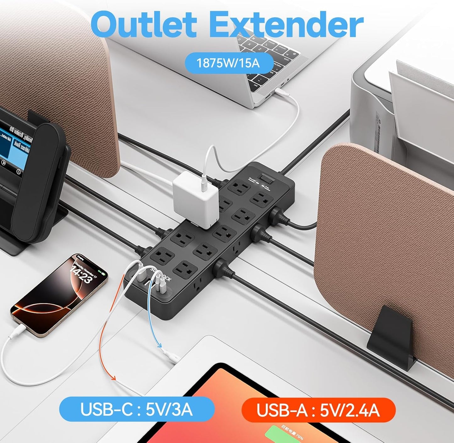 Power Strip Surge Protector Flat Plug with 20 AC Outlets 6 USB Chagring Ports, 1875W/15A, 2700J, 15 Feet Heavy Duty Extension Cord for Home, Office, Dorm, Gaming,ETL Listed (Black, 15FT)