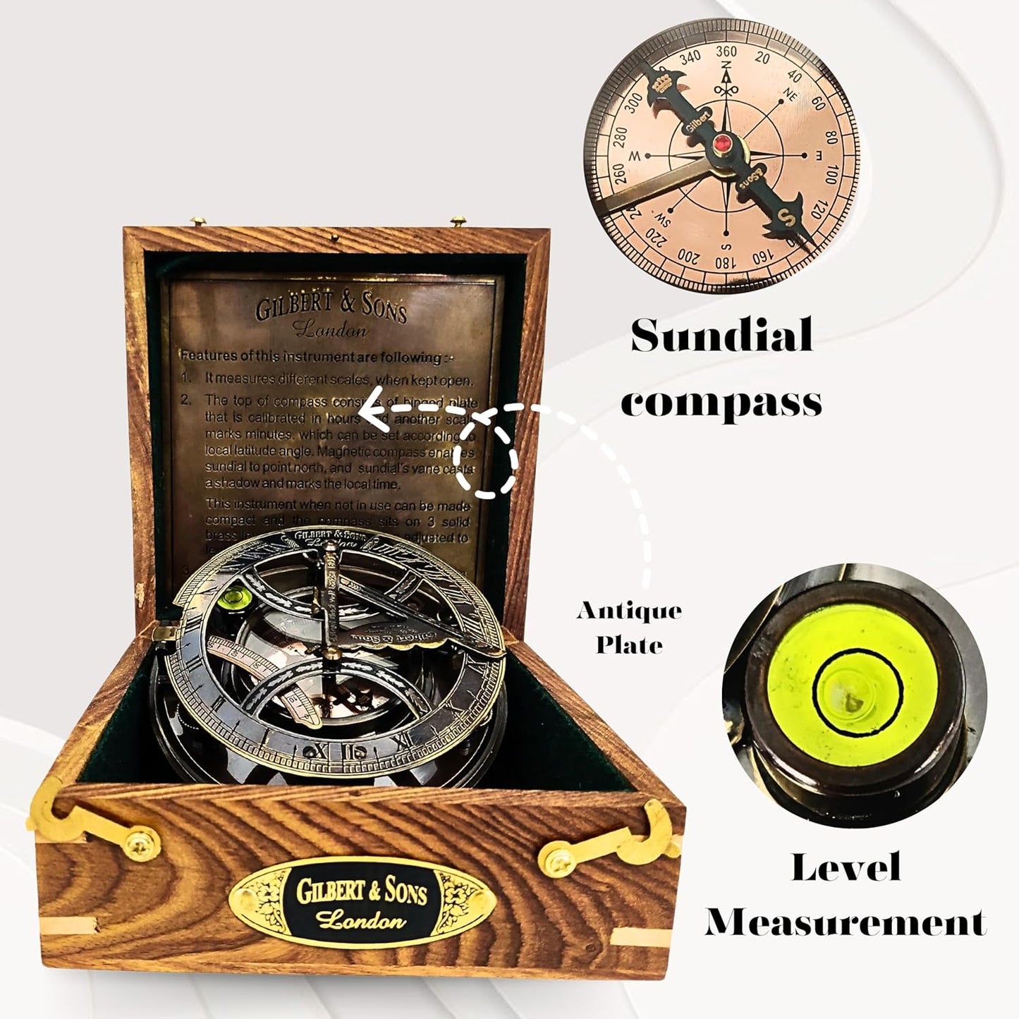 Brass Sundial - 5 inches Large Sundial Compass in Rosewood Case Top Grade Calibrated Vintage Gift