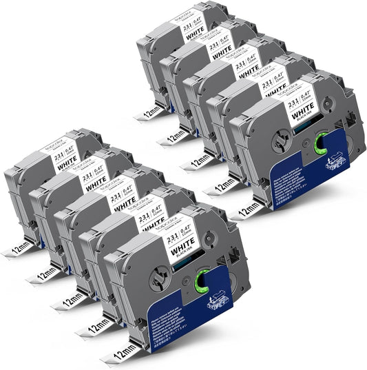 10-Pack 12 mm 0.47" Black on White Compatible for Brother Tze-231 Tz231 P Touch Label Tape 12mm 0.47" Laminated White Tze Tz Tape 1/2" for PT-D210 PT-D202 PT-D220 PTD410 PTD600 PTD400 PT2430