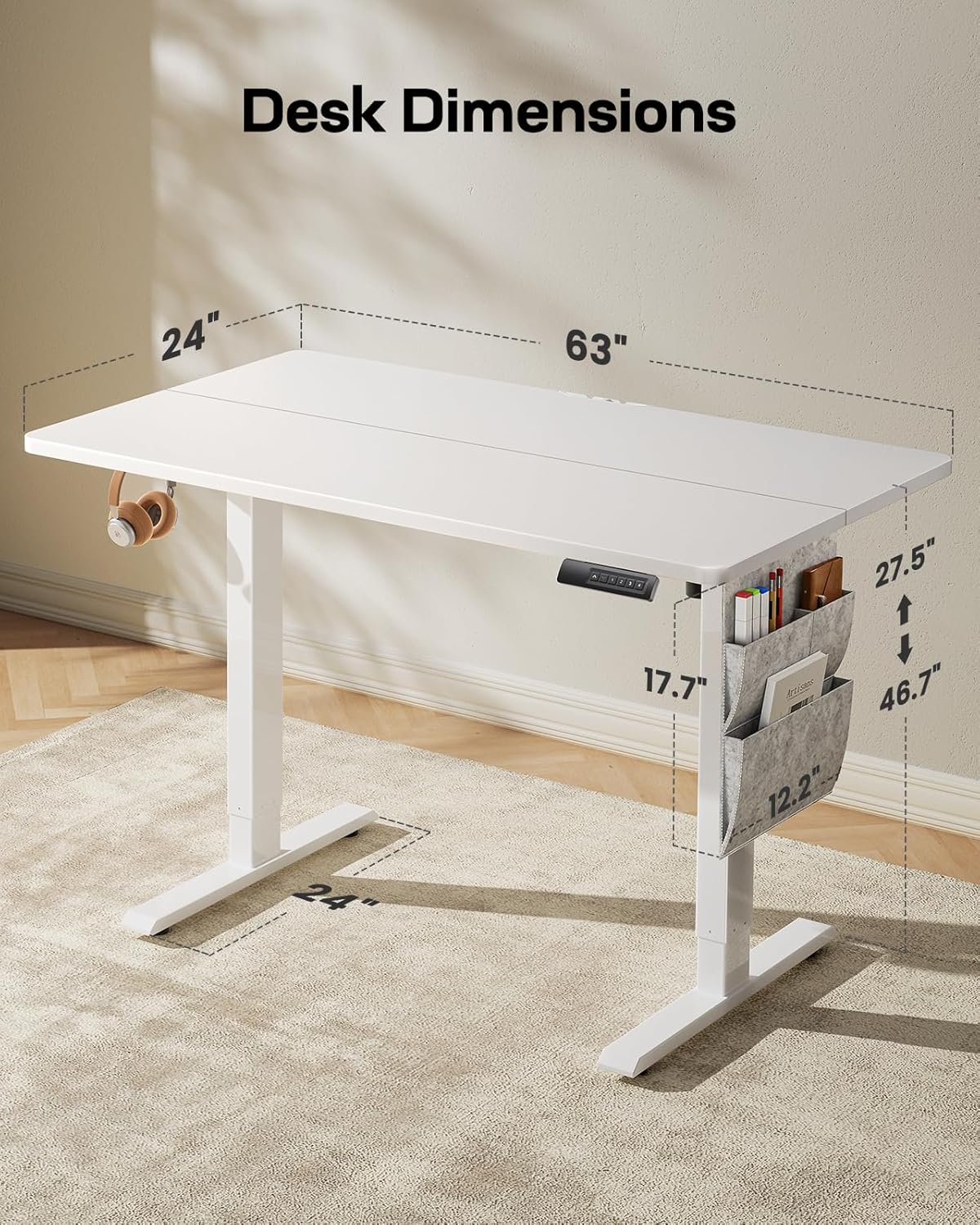 Marsail Standing Desk,Home Office Adjustable Heights Table,Stand Up Desk,63x24 Desktop Sit Stand Gaming Computer Deskfor Study,Writing with 4 Memory Presets,Headphone Hook,Cable Organizer,White