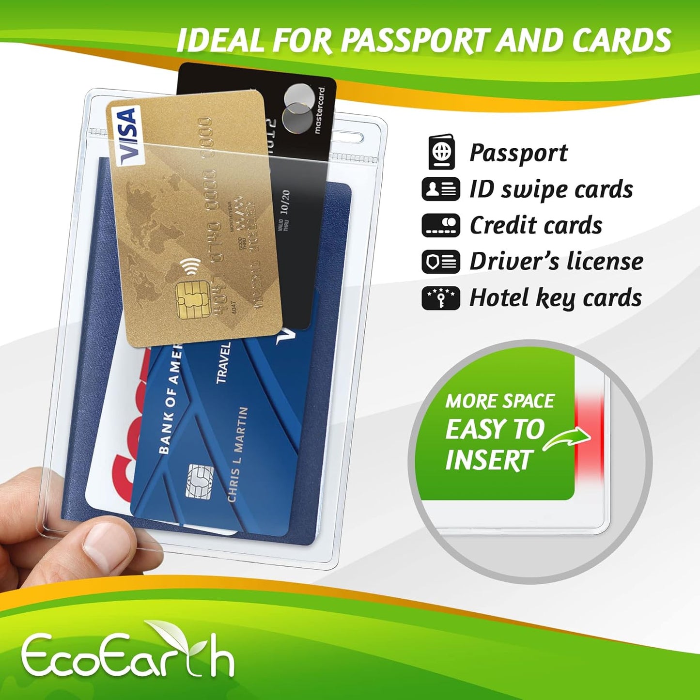 EcoEarth Passport & Identification Card Holders with Soft Edge (Clear, 4x6 Inch, 250 Pack), Extra Large Vertical ID Holder, Zipperless Plastic Name Badge Holders