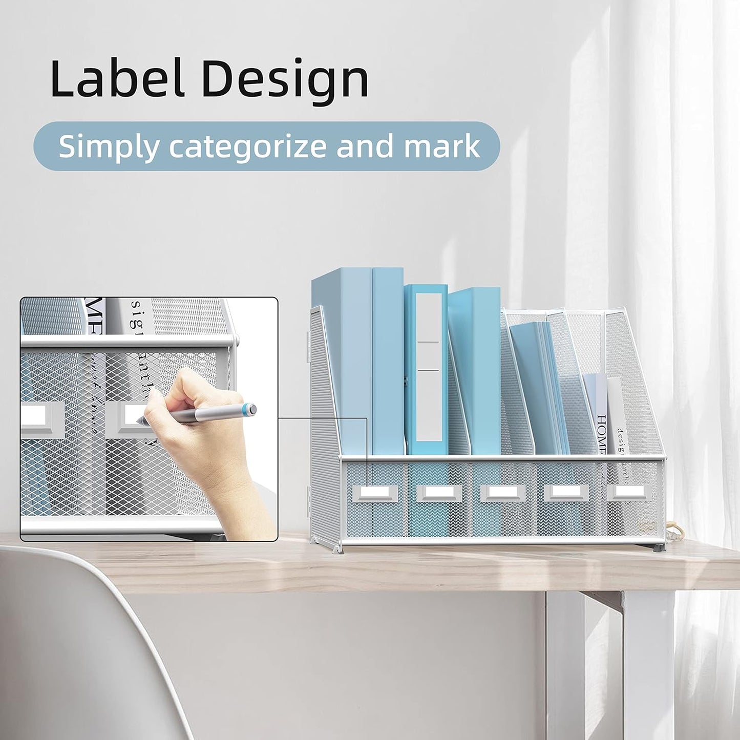 SUPEASY Desk Organizers Metal Desk Magazine File Holder with 5 Vertical Compartments Rack File Organizer for Office Desktop, Home Workspace, White