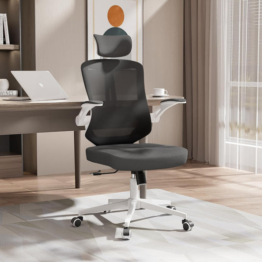 Office Desk Chair, High Back Ergonomic Comfy Offiec Chairs, Computer Mesh Chair with Folding Arms, Adjustable Headrest, Capacity 350LBS, Lumbar Support