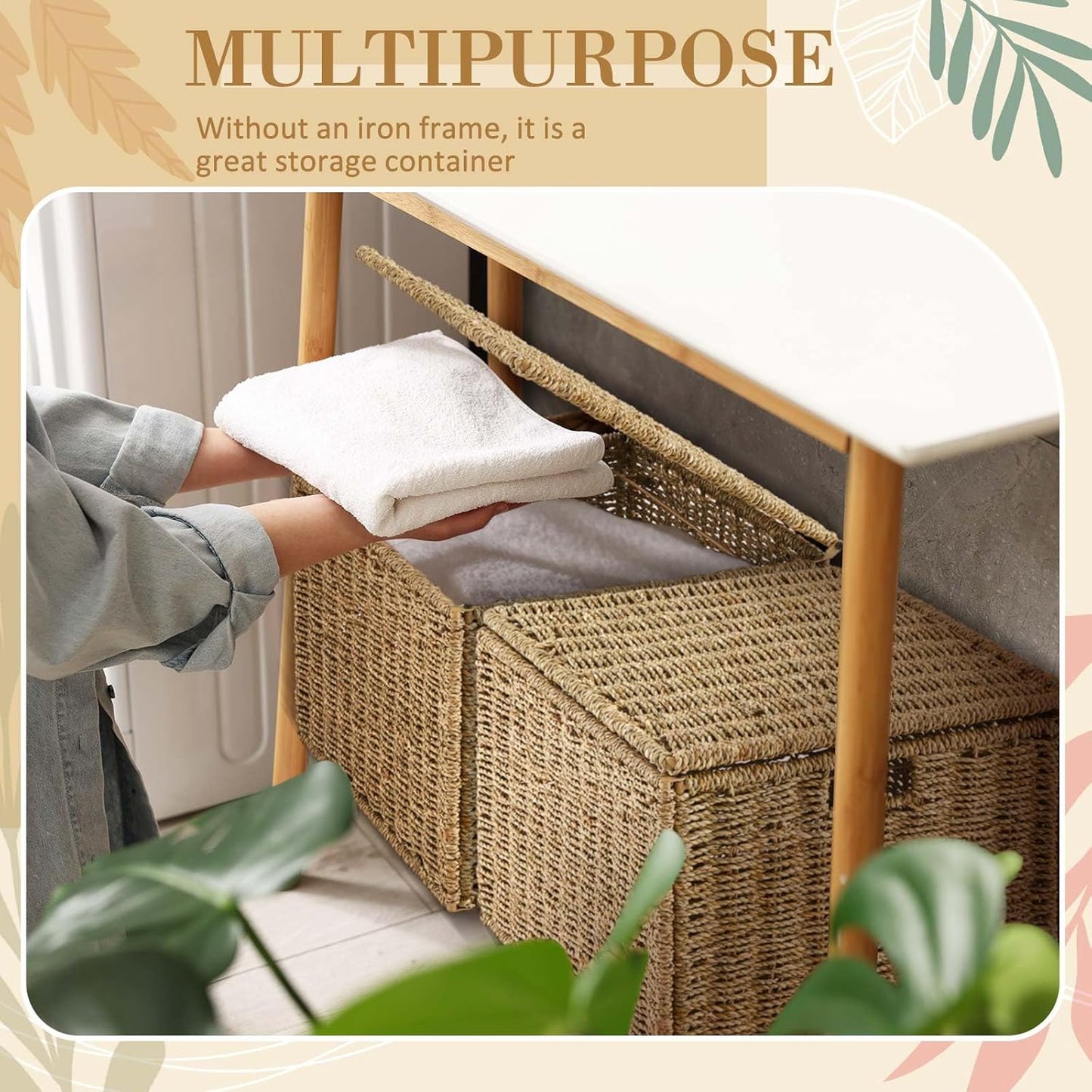 Seagrass File Box Organizers Collapsible Letter/legal Size Filing Cabinet with Lid Portable Decorative Document File Storage Box for Office/decor/home, Natural