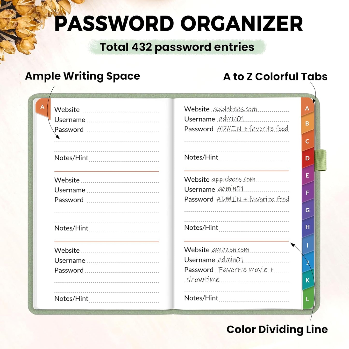 SUNEE Password Keeper Book with Colorful Alphabetical Tabs, Small Pocket Password Book for Internet Website Address Login, Gifts for Home and Office, 4''x 6''- Sage Green