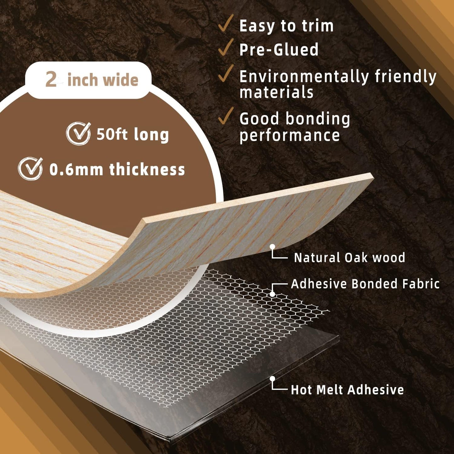 GSCIT Club Oak Edge Banding, 2 inch x 50ft roll of Veneer Edge Banding Preglued Flexible, Wood Tape Banding for Repair Furniture